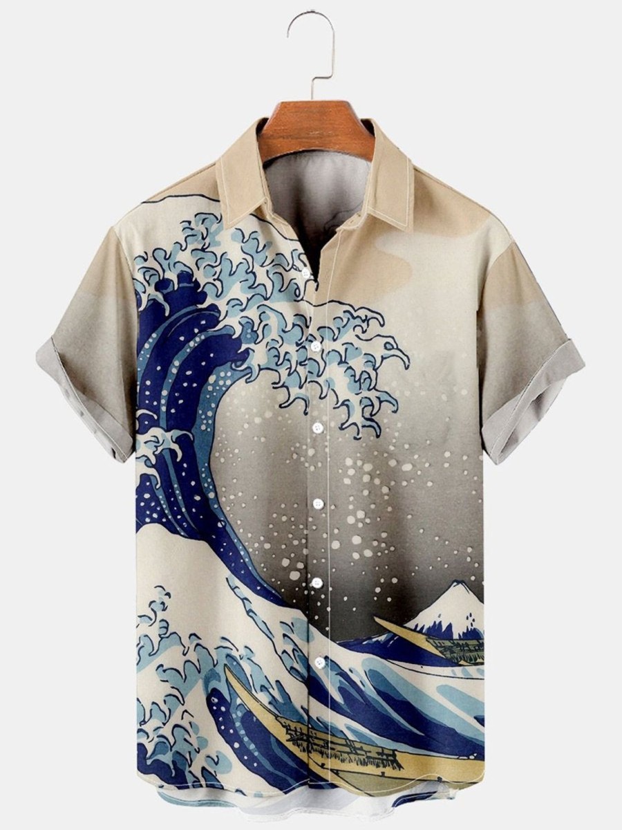 Men HLJ Shirts | Men'S Wave Print Casual Breathable Short Sleeve Shirt Khaki