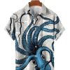 Men HLJ Shirts | Men'S Vintage Octopus Print Lapel Short Sleeve Shirt Blue