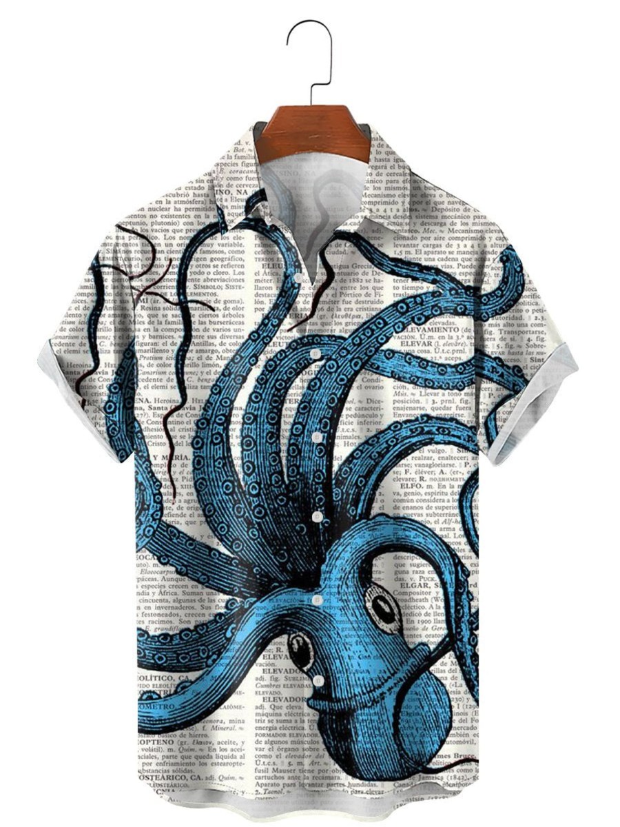 Men HLJ Shirts | Men'S Vintage Octopus Print Lapel Short Sleeve Shirt Blue