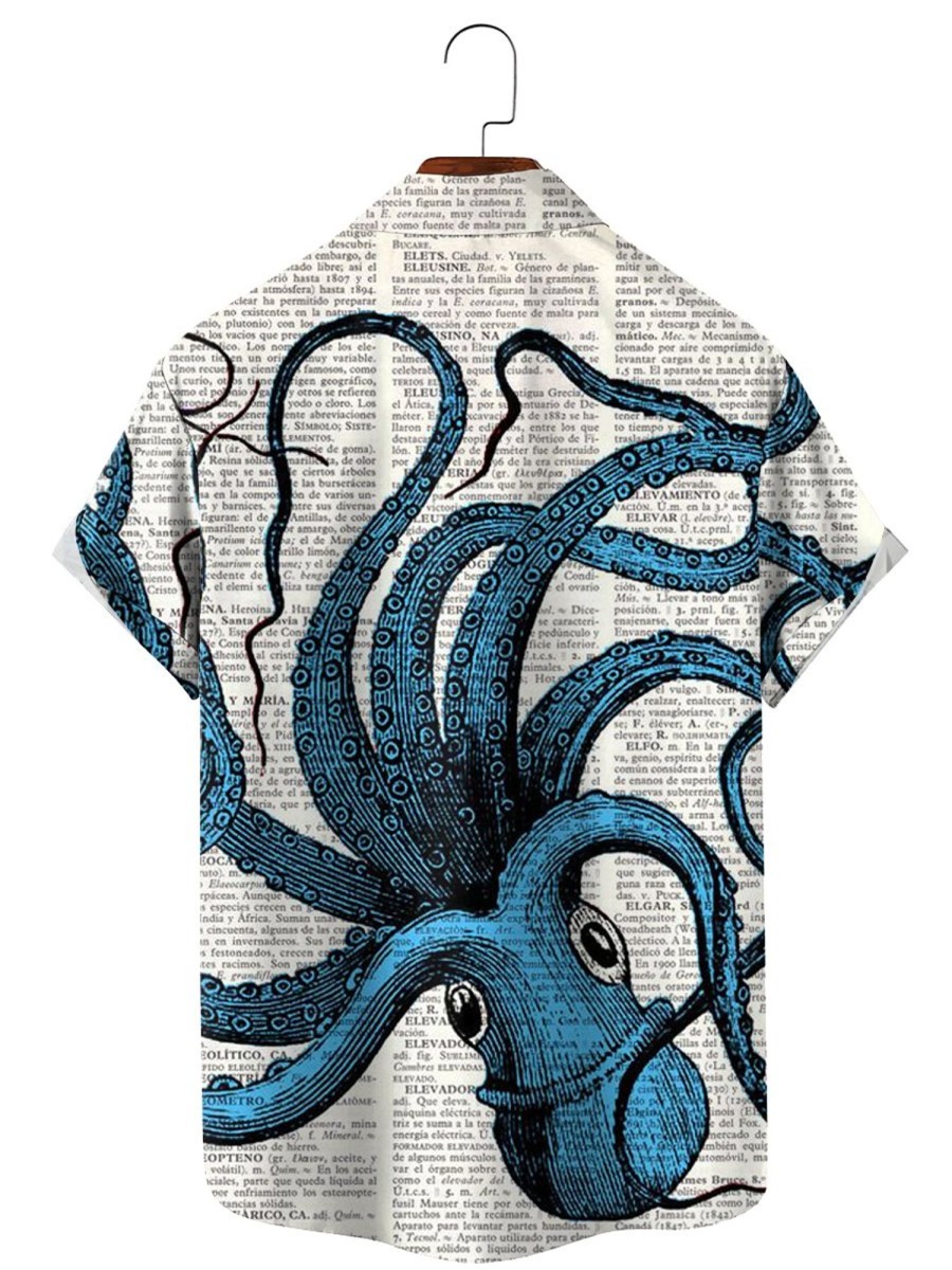 Men HLJ Shirts | Men'S Vintage Octopus Print Lapel Short Sleeve Shirt Blue