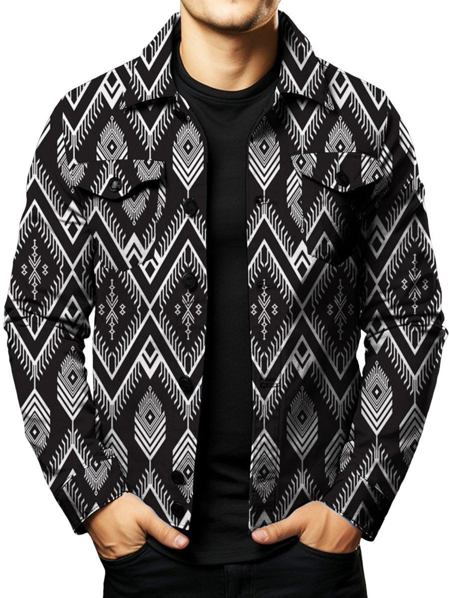 Men DJ Jacket | Vintage And White Geometric Print Pocket Single Breasted Lapel Jacket Black