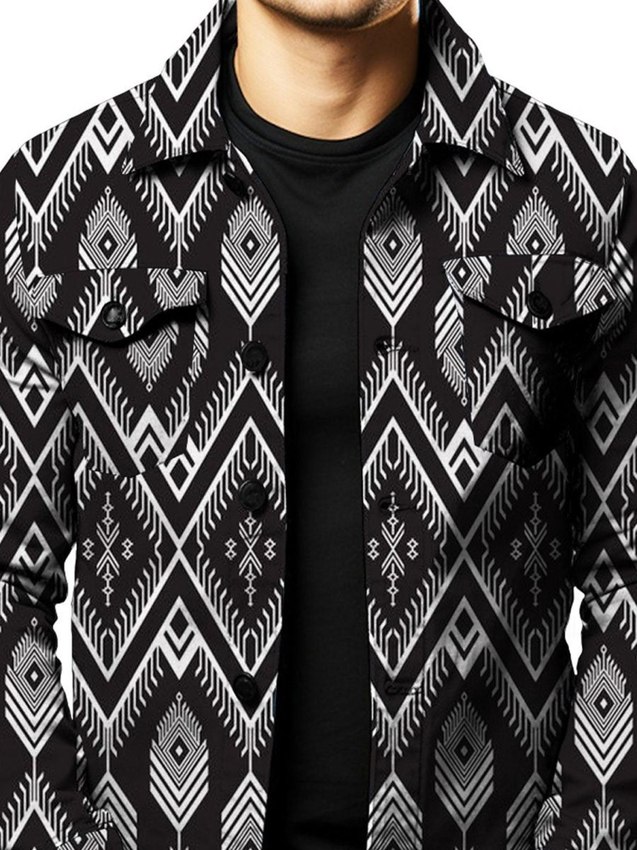 Men DJ Jacket | Vintage And White Geometric Print Pocket Single Breasted Lapel Jacket Black