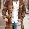 Men DJ Print Jacket | Vintage Plaid Print Stand Collar Double Pocket Woolen Coat Brown