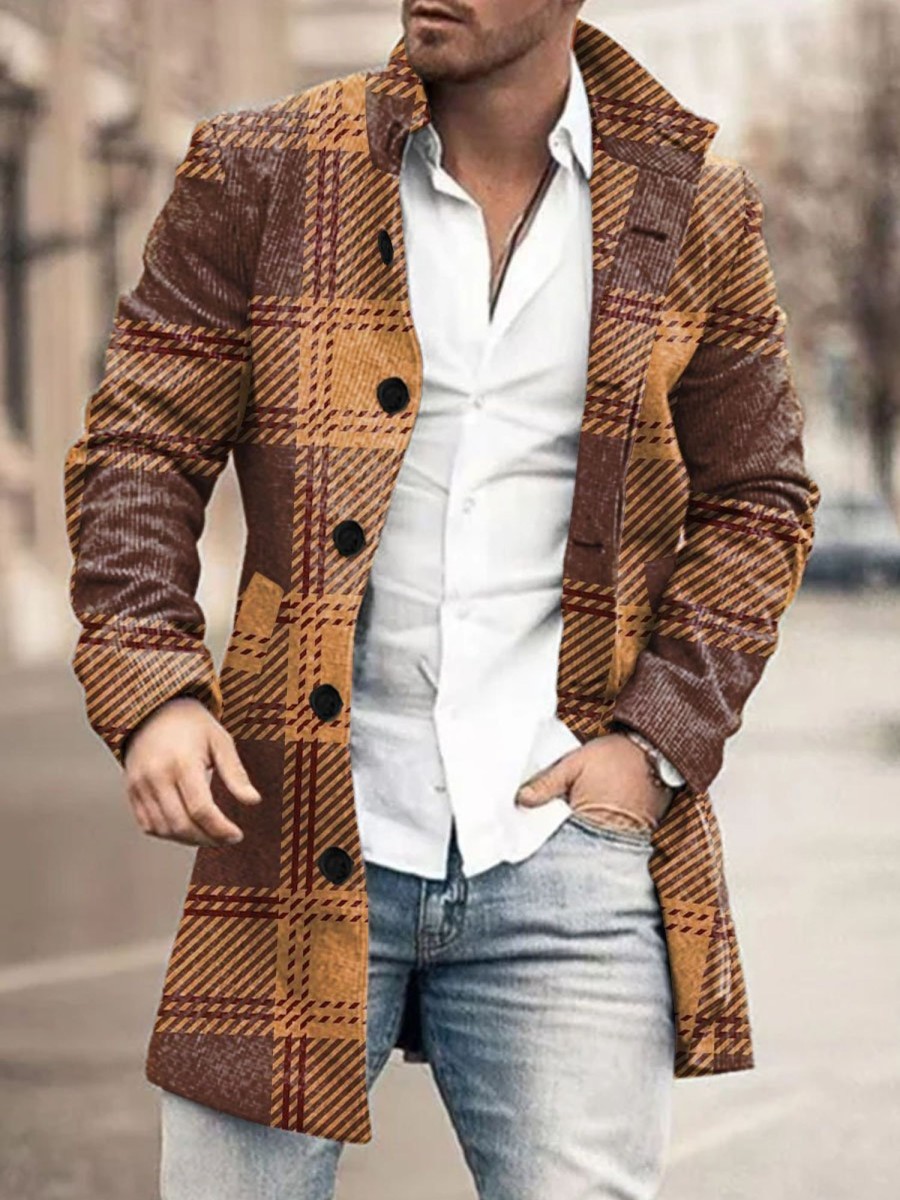 Men DJ Print Jacket | Vintage Plaid Print Stand Collar Double Pocket Woolen Coat Brown