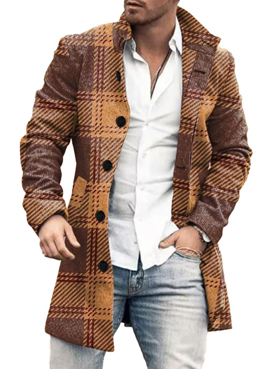 Men DJ Print Jacket | Vintage Plaid Print Stand Collar Double Pocket Woolen Coat Brown