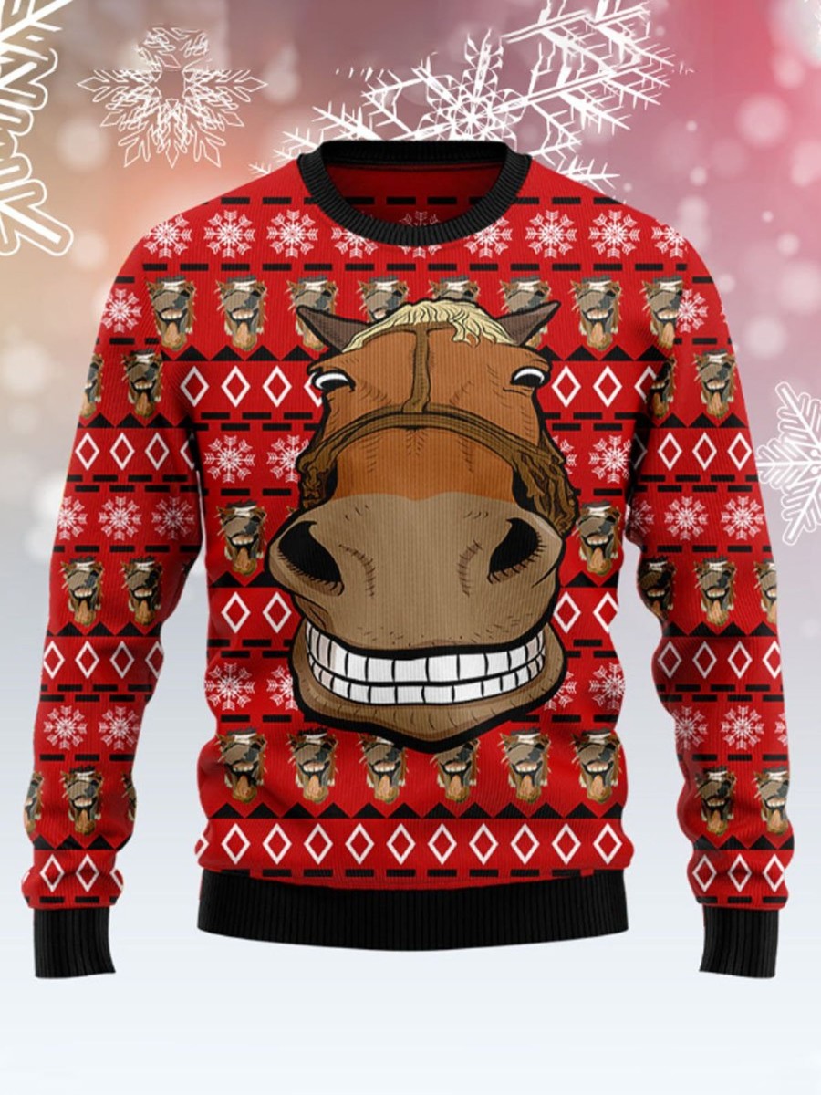 Men DJ Ugly Sweater | Fun Donkey Print Casual Crew Neck Sweatshirt Red