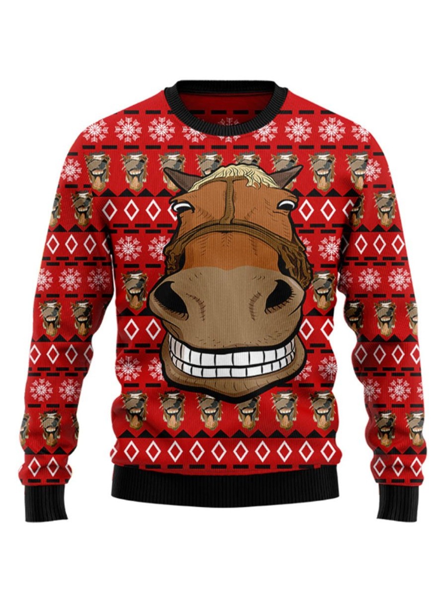 Men DJ Ugly Sweater | Fun Donkey Print Casual Crew Neck Sweatshirt Red