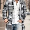 Men DJ Print Jacket | Stand-Collar Single-Breasted Houndstooth Print Double-Pocket Wool Coat Black