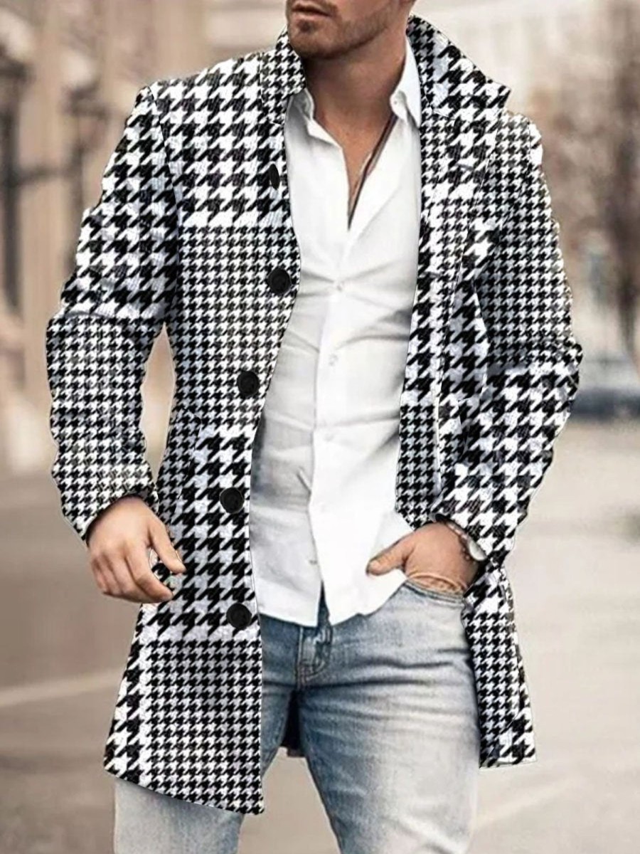 Men DJ Print Jacket | Stand-Collar Single-Breasted Houndstooth Print Double-Pocket Wool Coat Black