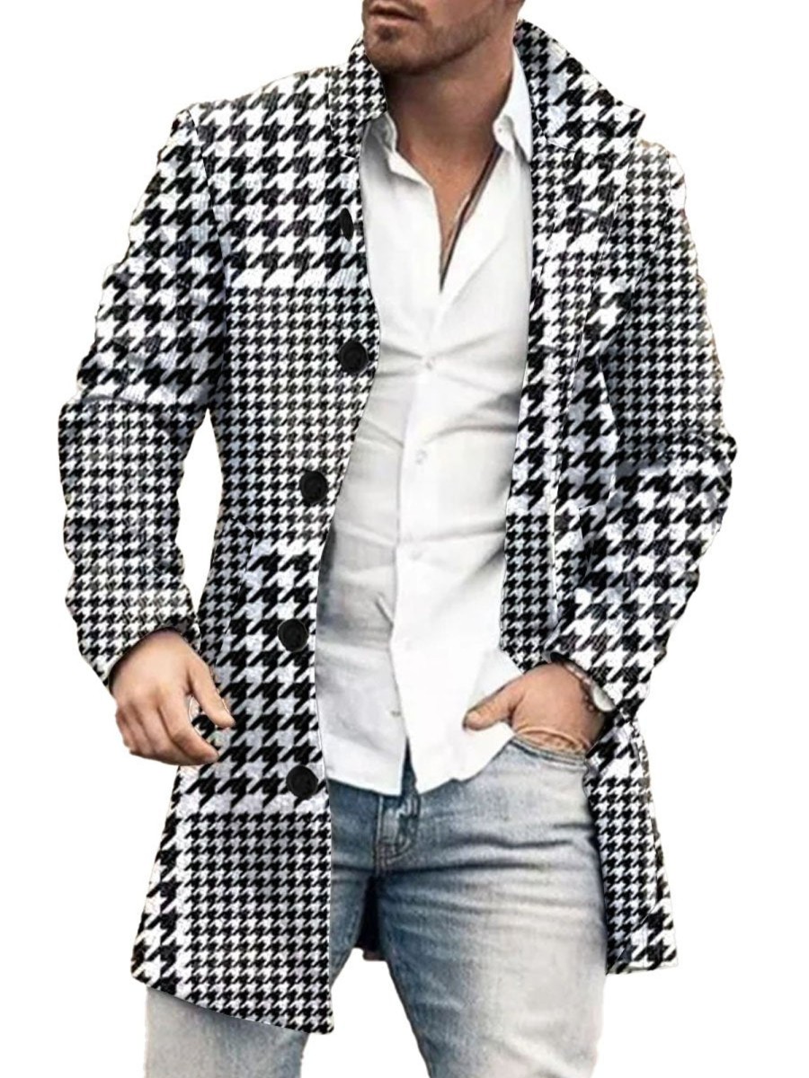 Men DJ Print Jacket | Stand-Collar Single-Breasted Houndstooth Print Double-Pocket Wool Coat Black