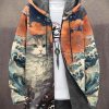 Men BXL Print Jacket | Men'S Casual Rescue Animal Cat Art Painted Zip Hooded Fleece Jacket Orange