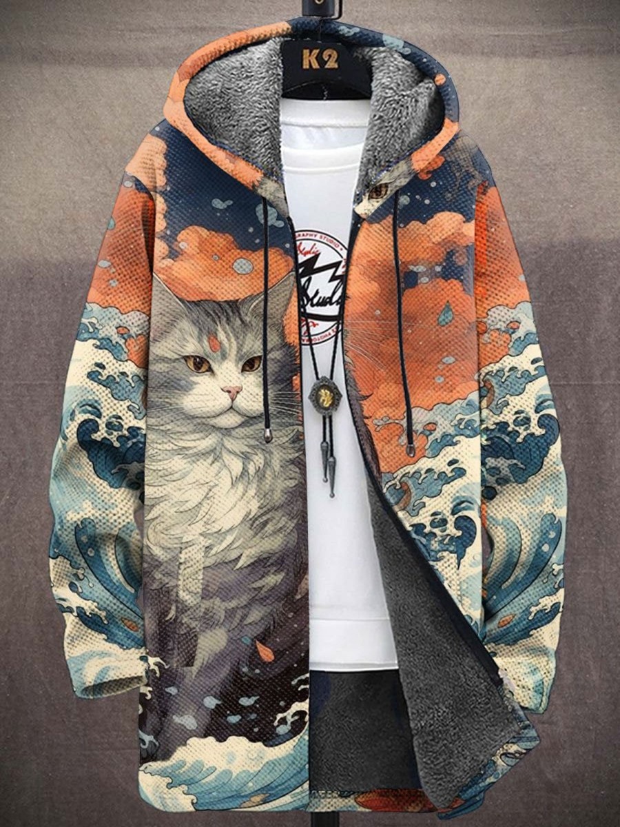 Men BXL Print Jacket | Men'S Casual Rescue Animal Cat Art Painted Zip Hooded Fleece Jacket Orange