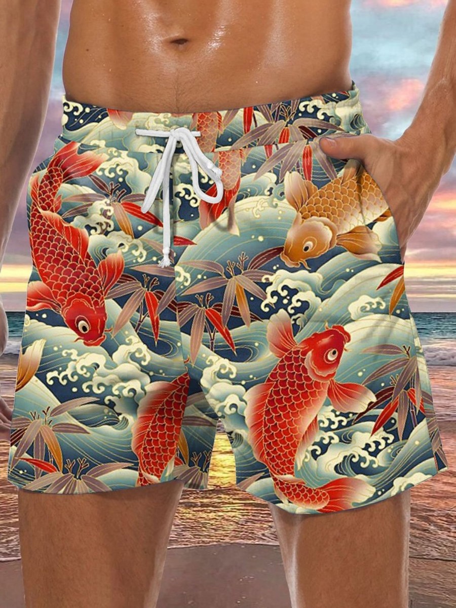 Men HLJ Bottoms | Oriental Koi Print Drawstring Board Shorts Blue Red