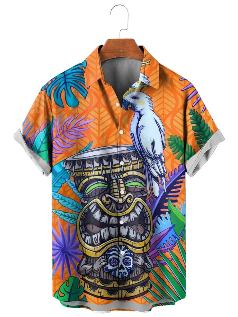 Men HLJ Shirts | Cockatoo Tiki Hawaiian Print Short Sleeve Shirt Orange