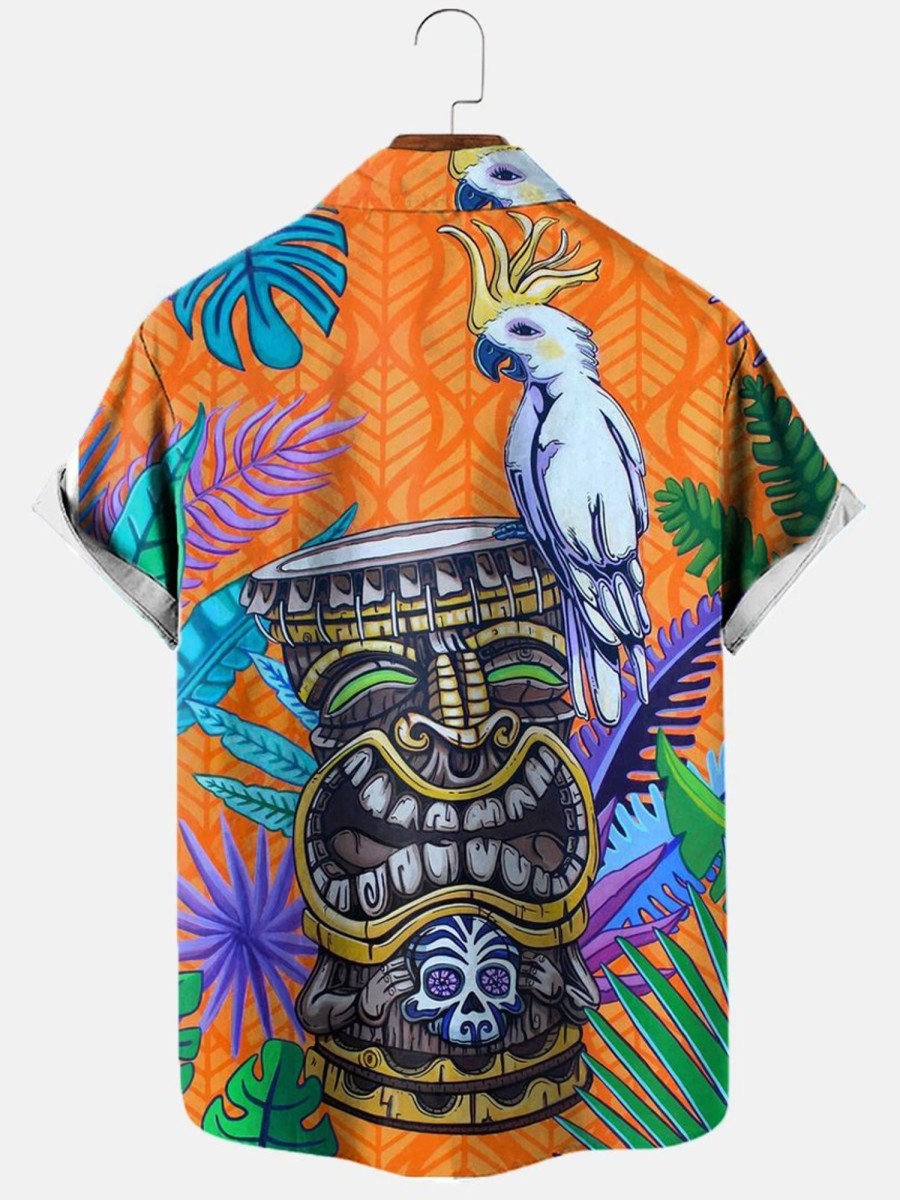 Men HLJ Shirts | Cockatoo Tiki Hawaiian Print Short Sleeve Shirt Orange