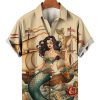 Men HWT Shirts | Men'S Hawaiian Shirts Vintage Boat Mermaid Print Short Sleeve Shirt Khaki