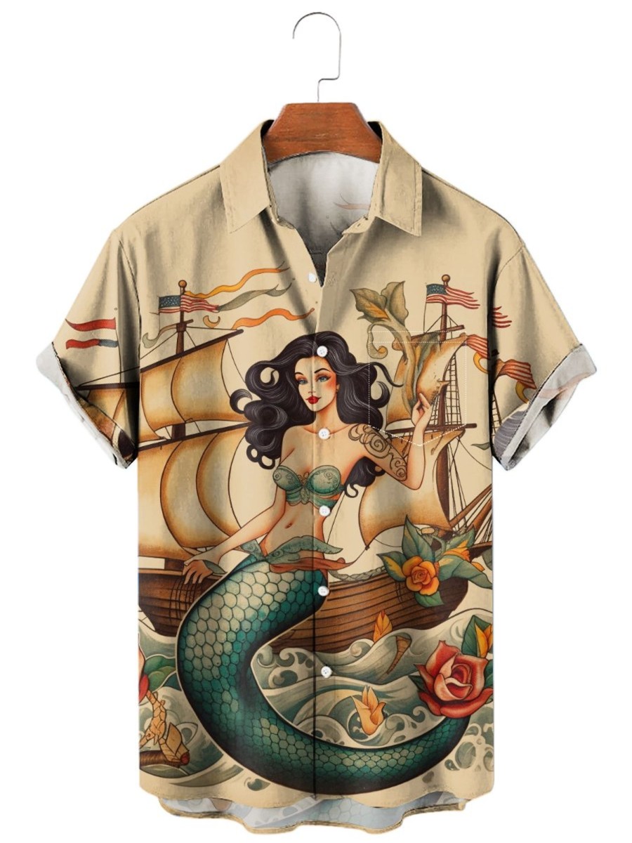 Men HWT Shirts | Men'S Hawaiian Shirts Vintage Boat Mermaid Print Short Sleeve Shirt Khaki