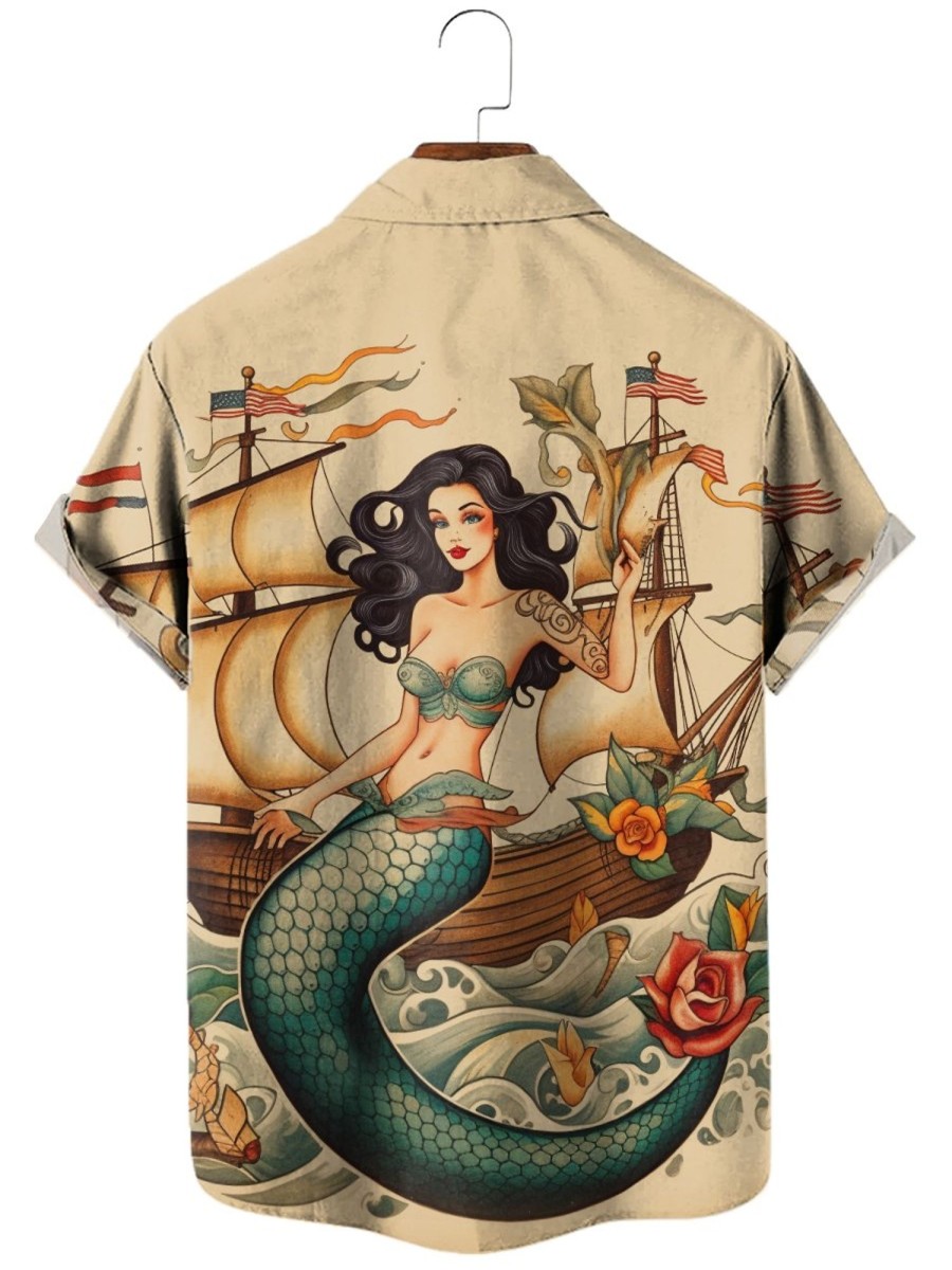 Men HWT Shirts | Men'S Hawaiian Shirts Vintage Boat Mermaid Print Short Sleeve Shirt Khaki