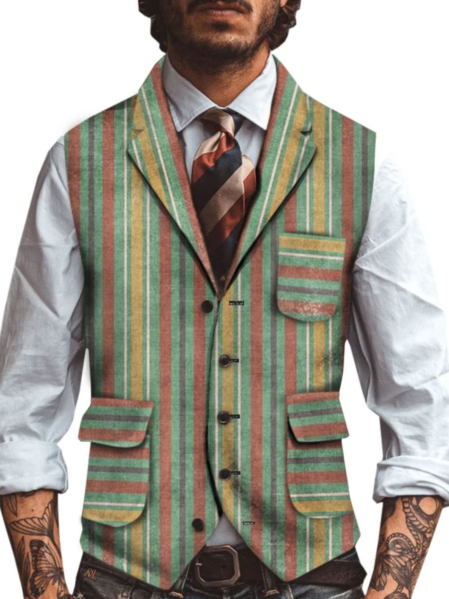 Men DJ Vest | Retro Striped Print Three-Pocket Lapel Casual Vest Photo Color