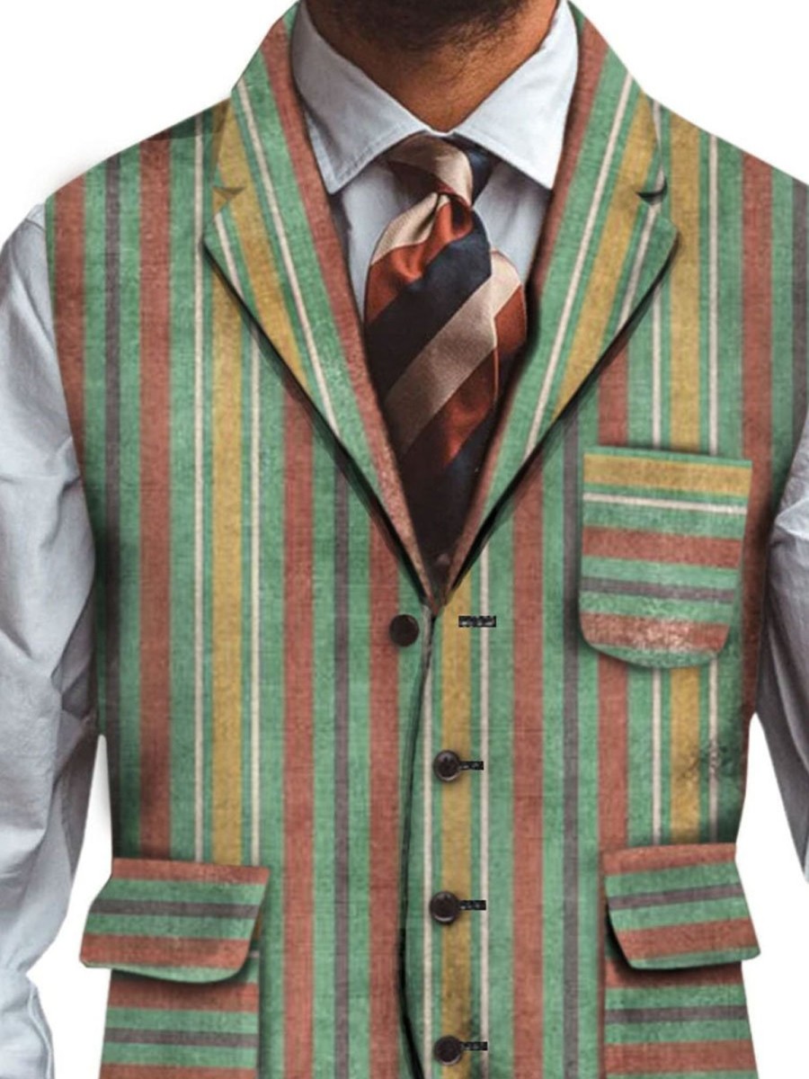 Men DJ Vest | Retro Striped Print Three-Pocket Lapel Casual Vest Photo Color