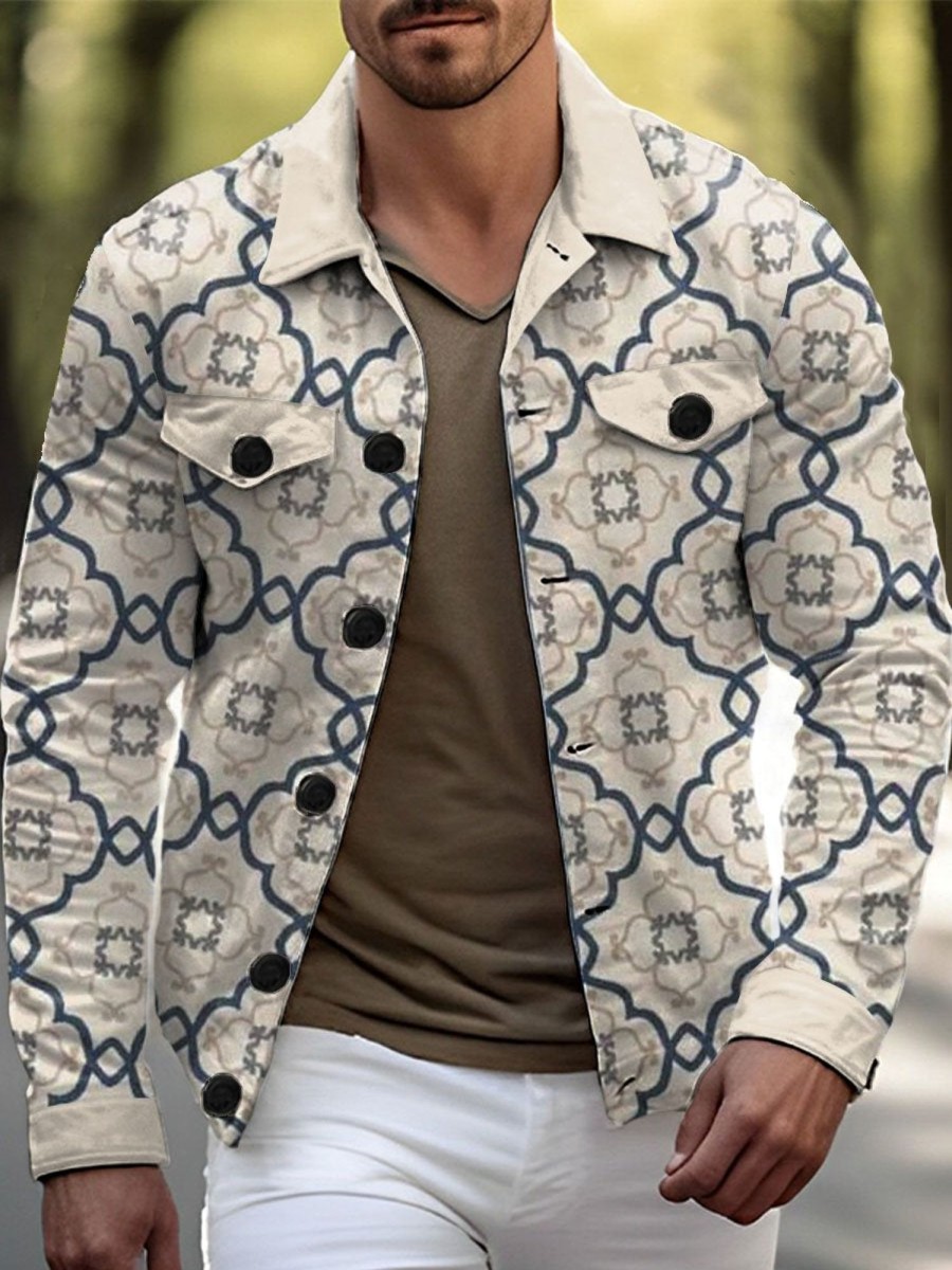 Men DJ Jacket | Retro Ethnic Geometric Print Casual Jacket Khaki