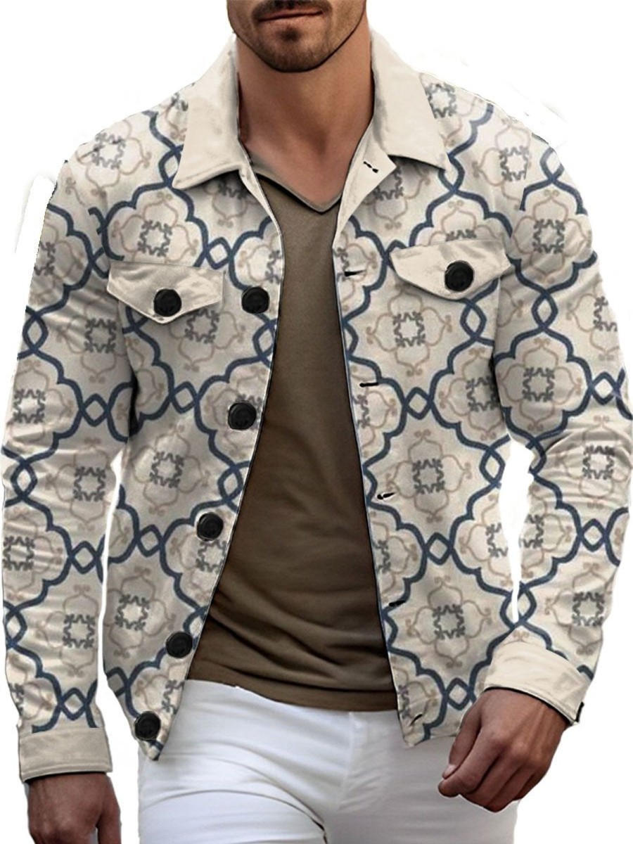 Men DJ Jacket | Retro Ethnic Geometric Print Casual Jacket Khaki