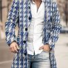 Men BXL Print Jacket | Men'S Casual Button Pocket Vintage Houndstooth Wool Coat Blue