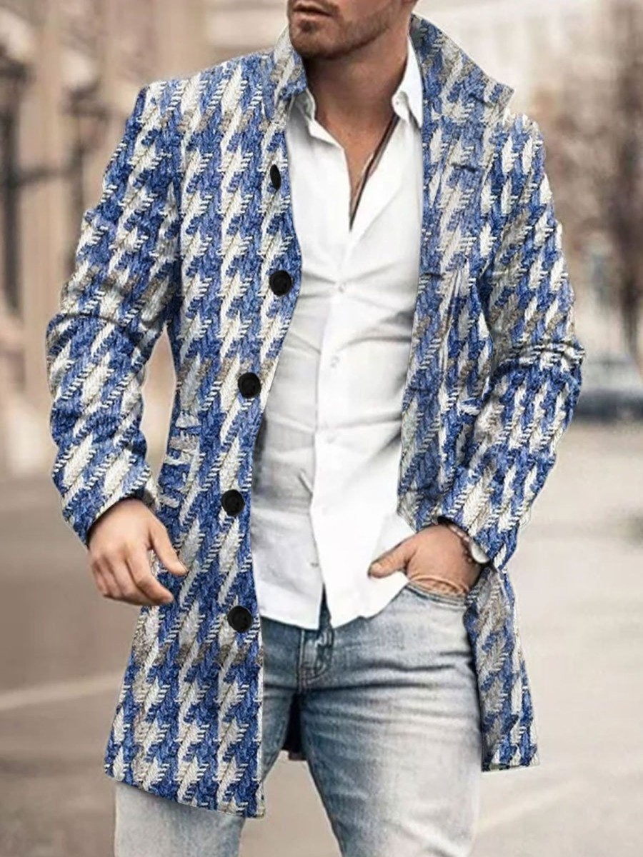 Men BXL Print Jacket | Men'S Casual Button Pocket Vintage Houndstooth Wool Coat Blue