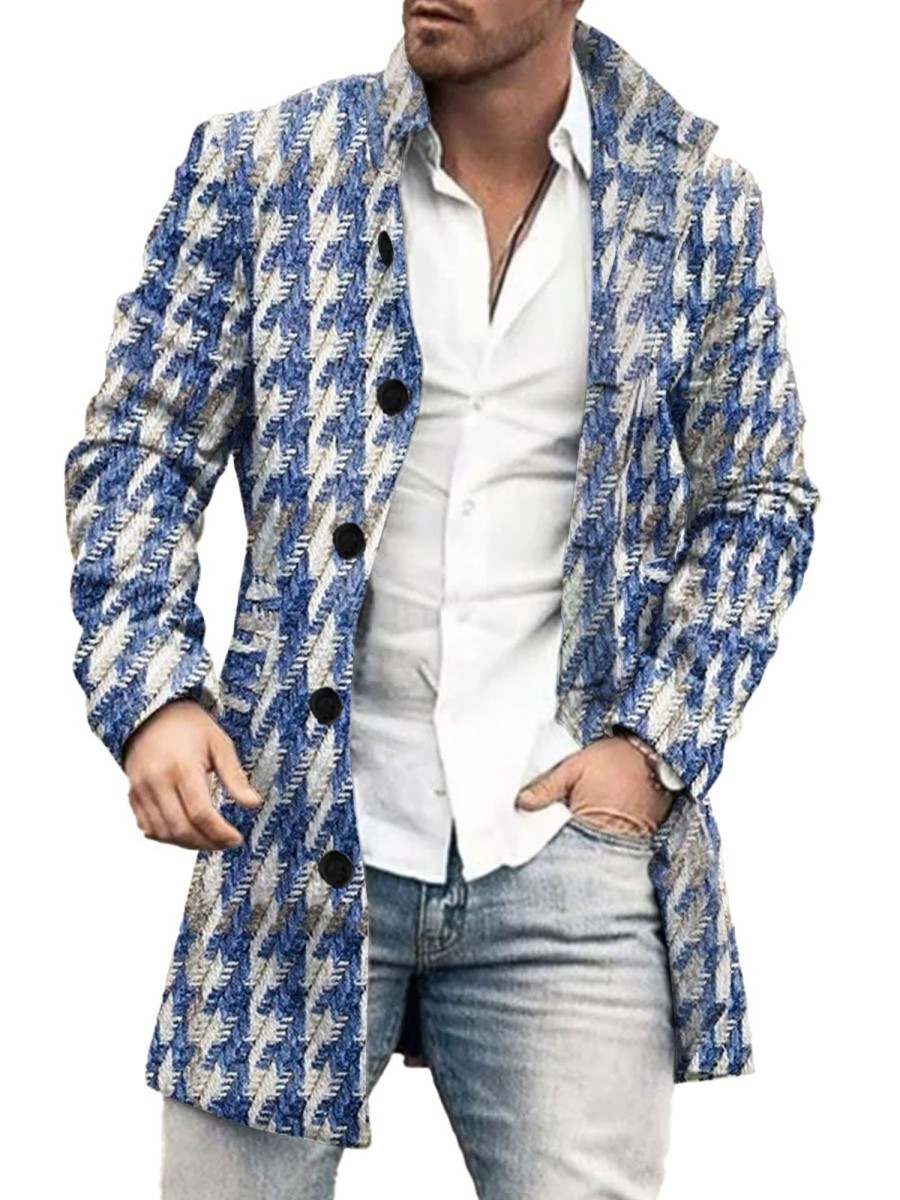 Men BXL Print Jacket | Men'S Casual Button Pocket Vintage Houndstooth Wool Coat Blue