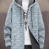 Men DJ Print Jacket | Unisex Retro Fish Scale Print Hooded Pocket Velvet Jacket Cardigan Blue