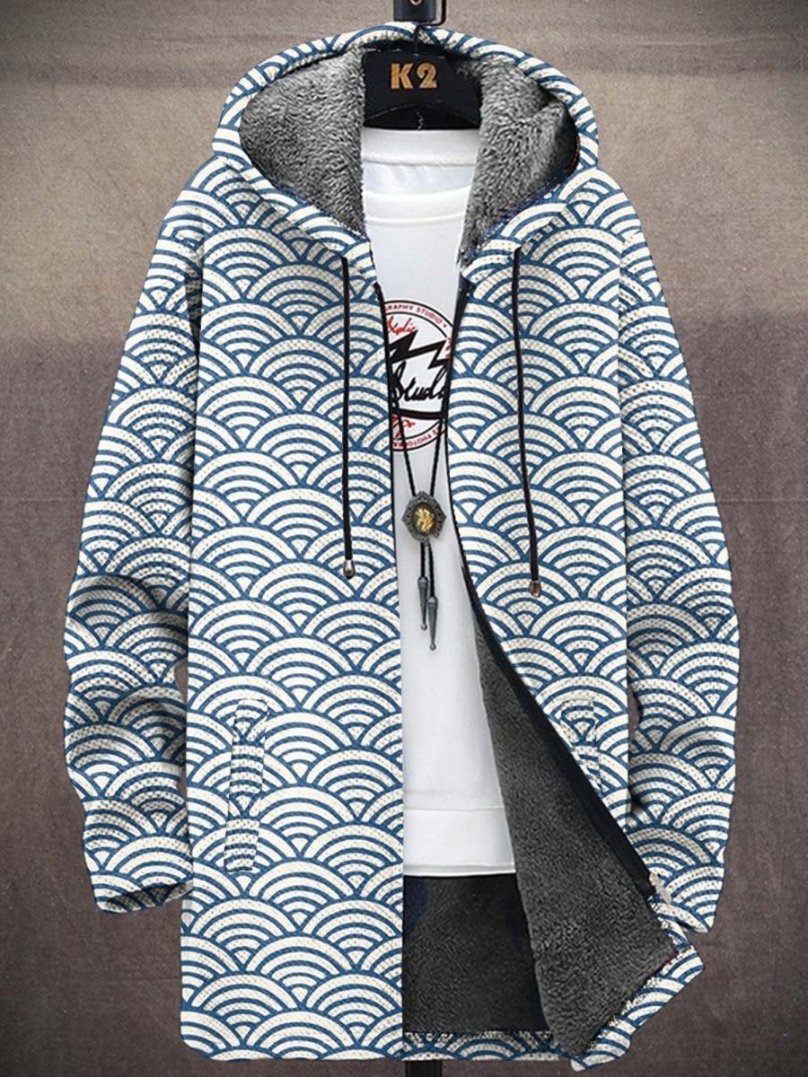 Men DJ Print Jacket | Unisex Retro Fish Scale Print Hooded Pocket Velvet Jacket Cardigan Blue