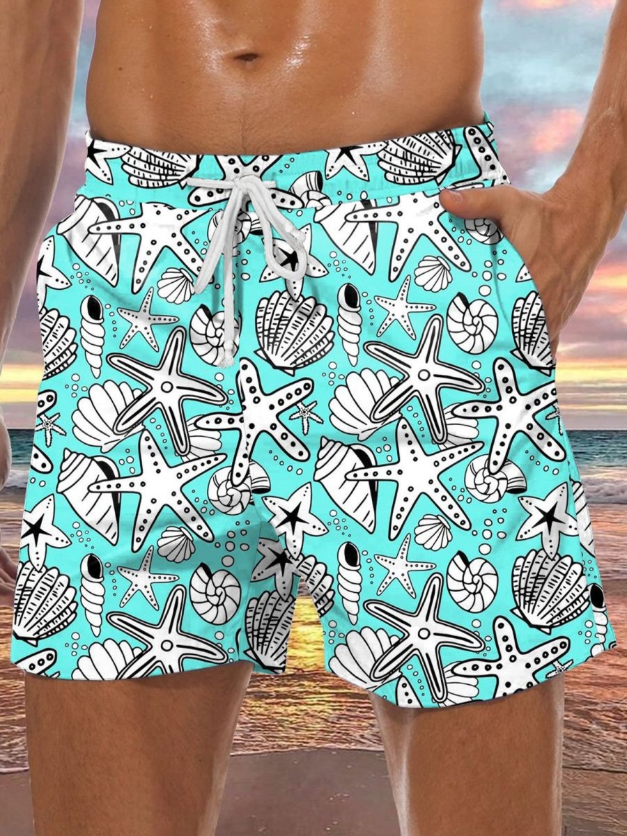 Men GYJ Shorts | Starfish Conch Shell Print Lounge Shorts Blue