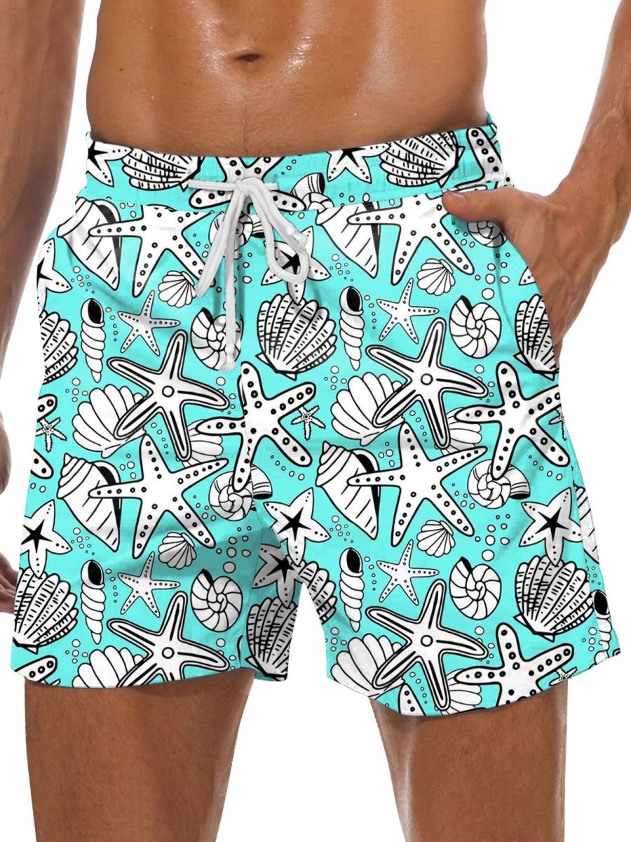 Men GYJ Shorts | Starfish Conch Shell Print Lounge Shorts Blue