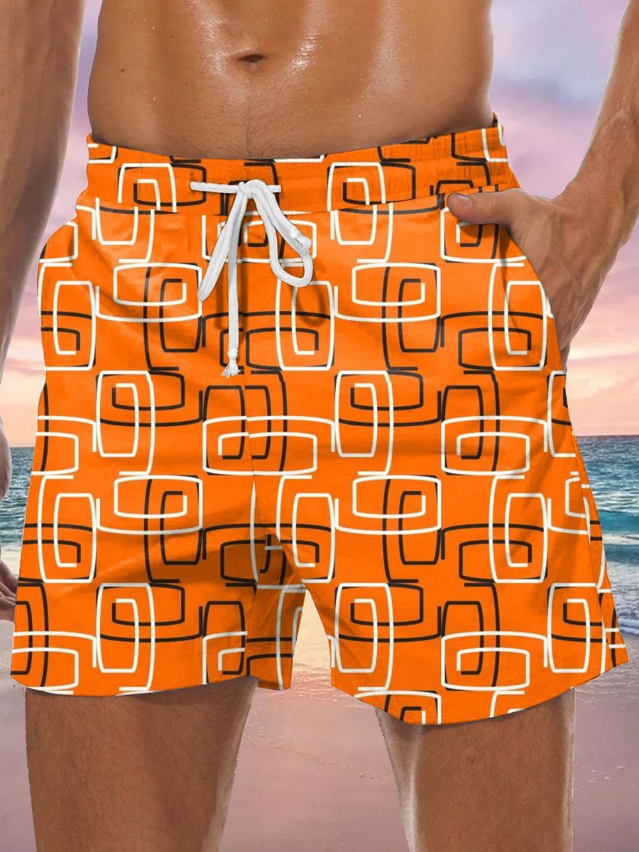 Men GYJ Shorts | Geometric Line Print Track Shorts Orange