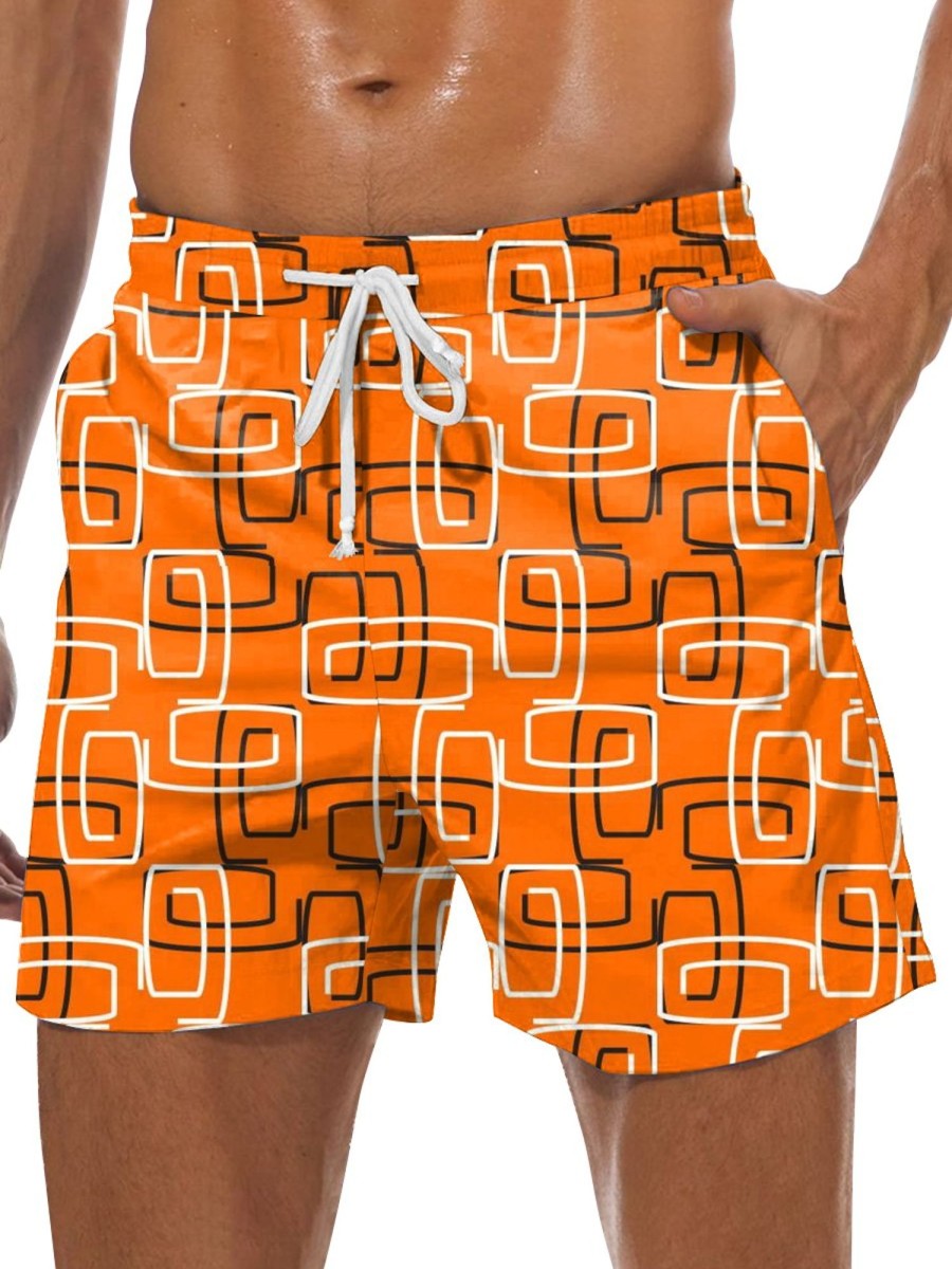 Men GYJ Shorts | Geometric Line Print Track Shorts Orange