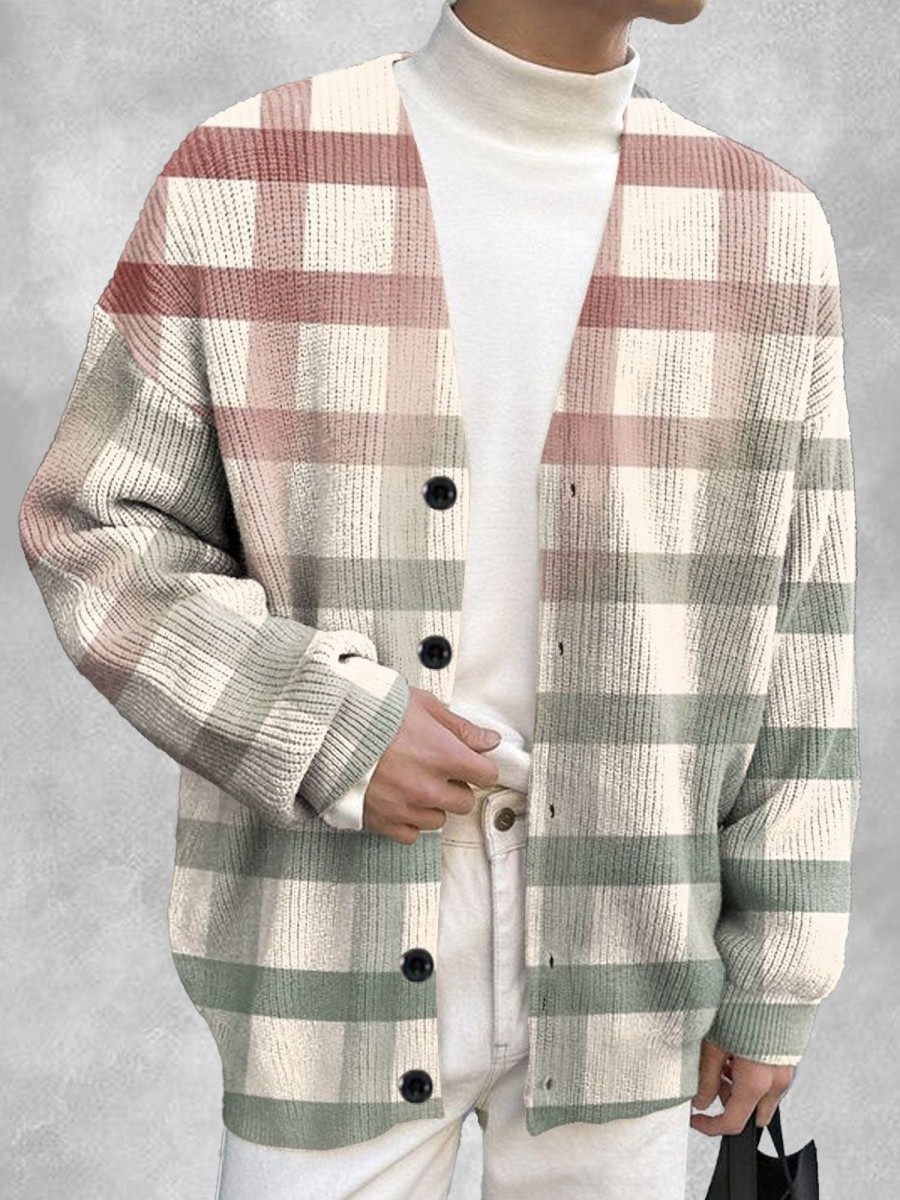 Men DJ Print Cardigan | Retro Gradient Plaid Print Single-Breasted Casual Knitted Cardigan Photo Color