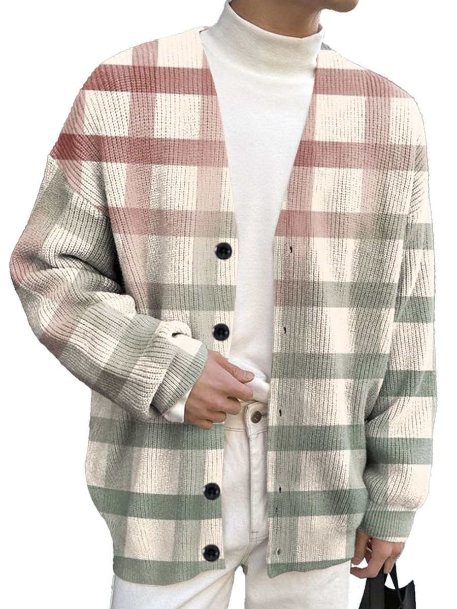 Men DJ Print Cardigan | Retro Gradient Plaid Print Single-Breasted Casual Knitted Cardigan Photo Color