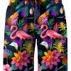 Men HLJ Shorts | Hawaiian Tropical Flower Flamingo Print Beach Shorts Black