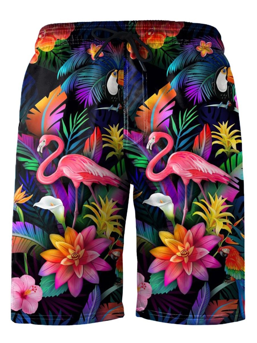 Men HLJ Shorts | Hawaiian Tropical Flower Flamingo Print Beach Shorts Black