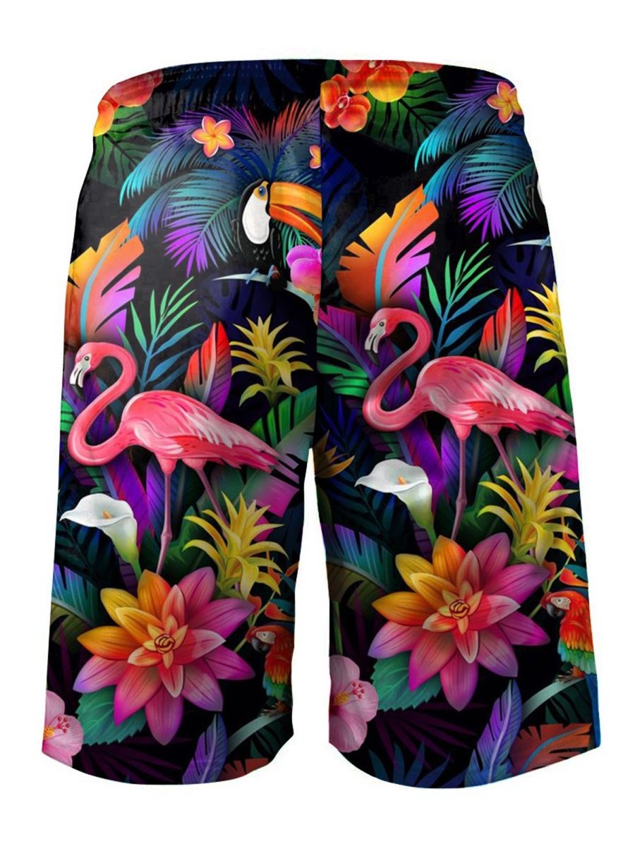 Men HLJ Shorts | Hawaiian Tropical Flower Flamingo Print Beach Shorts Black