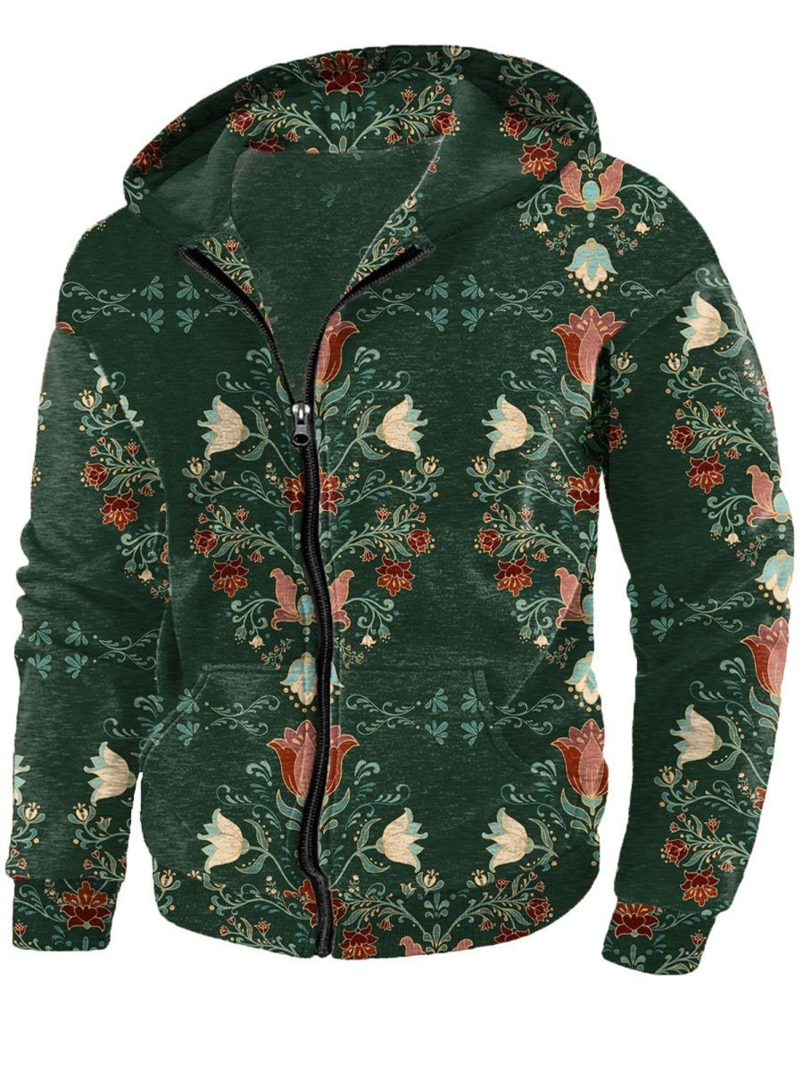 Men DJ T-Shirts | Pretty Ethnic Floral Print Pocket Hoodie Sweatshirt Dark Green