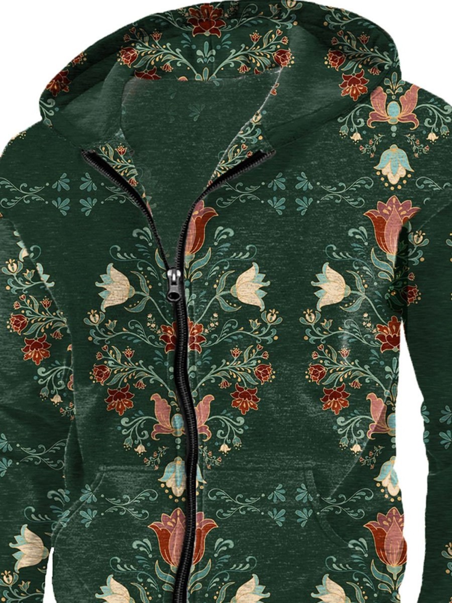 Men DJ T-Shirts | Pretty Ethnic Floral Print Pocket Hoodie Sweatshirt Dark Green