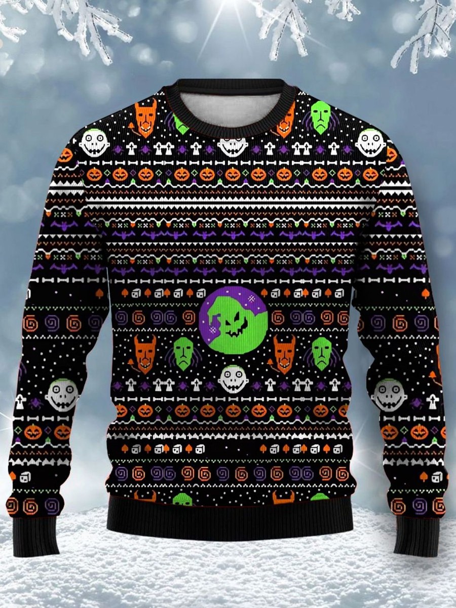 Men DJ Ugly Sweater | Halloween Print Crew Neck Sweater Photo Color