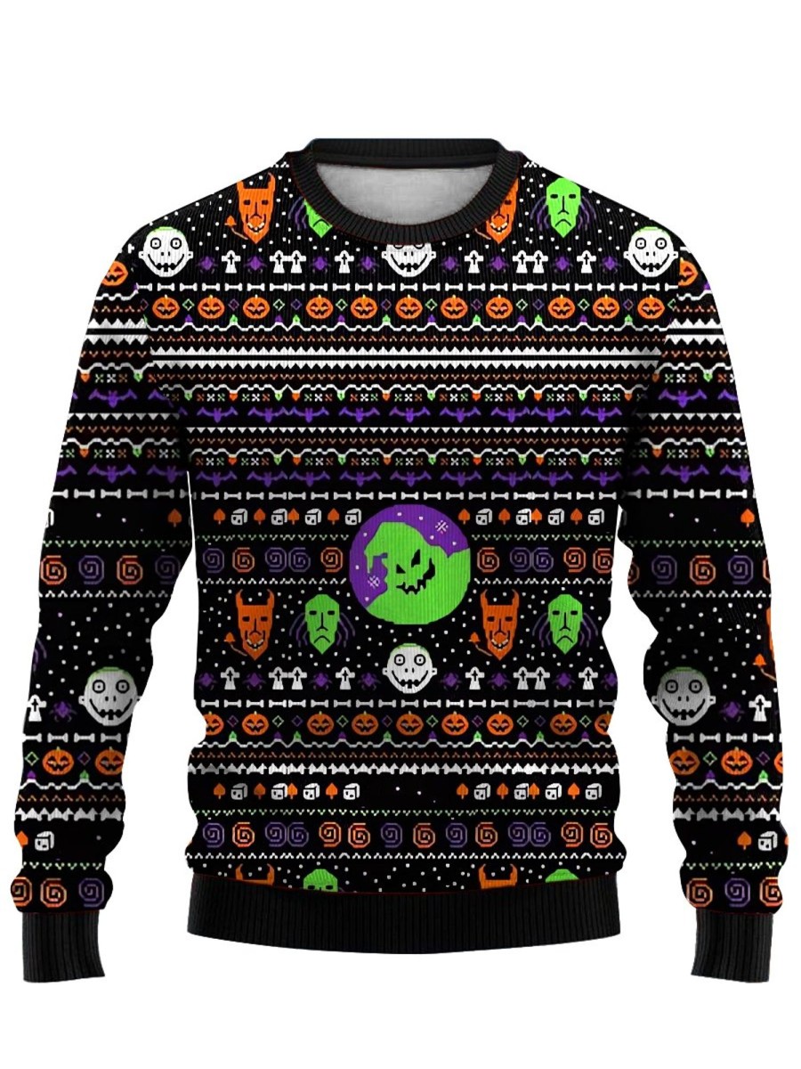 Men DJ Ugly Sweater | Halloween Print Crew Neck Sweater Photo Color