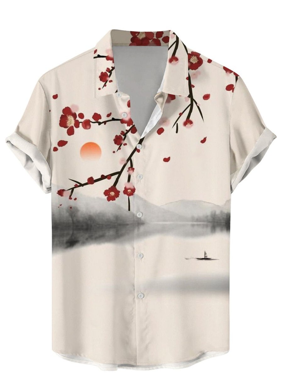 Men DJ Shirts | Ink Plum Blossom Print Short Sleeve Shirt Beige