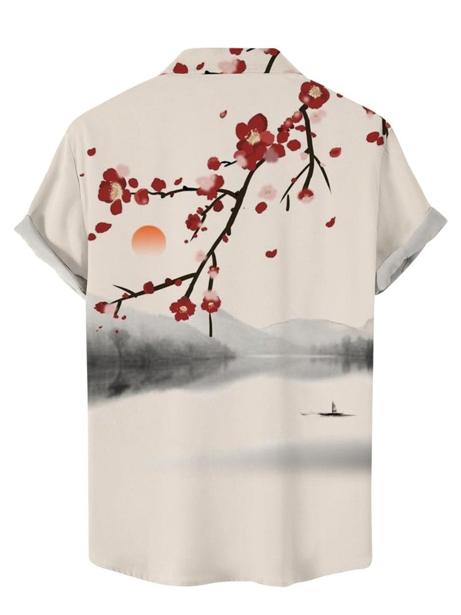 Men DJ Shirts | Ink Plum Blossom Print Short Sleeve Shirt Beige