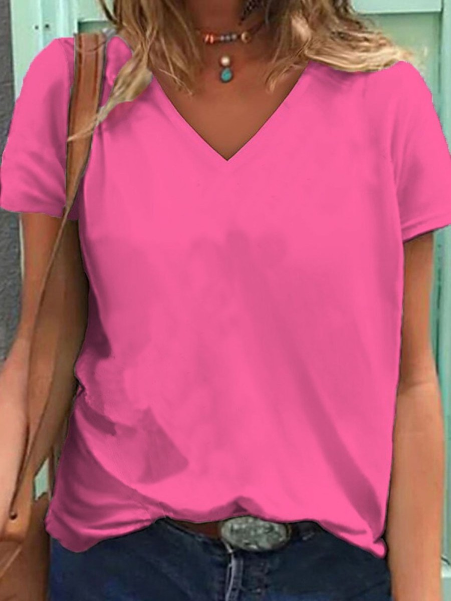 Women DJ | Solid Color Barbie Casual V-Neck Short Sleeve T-Shirt Pink