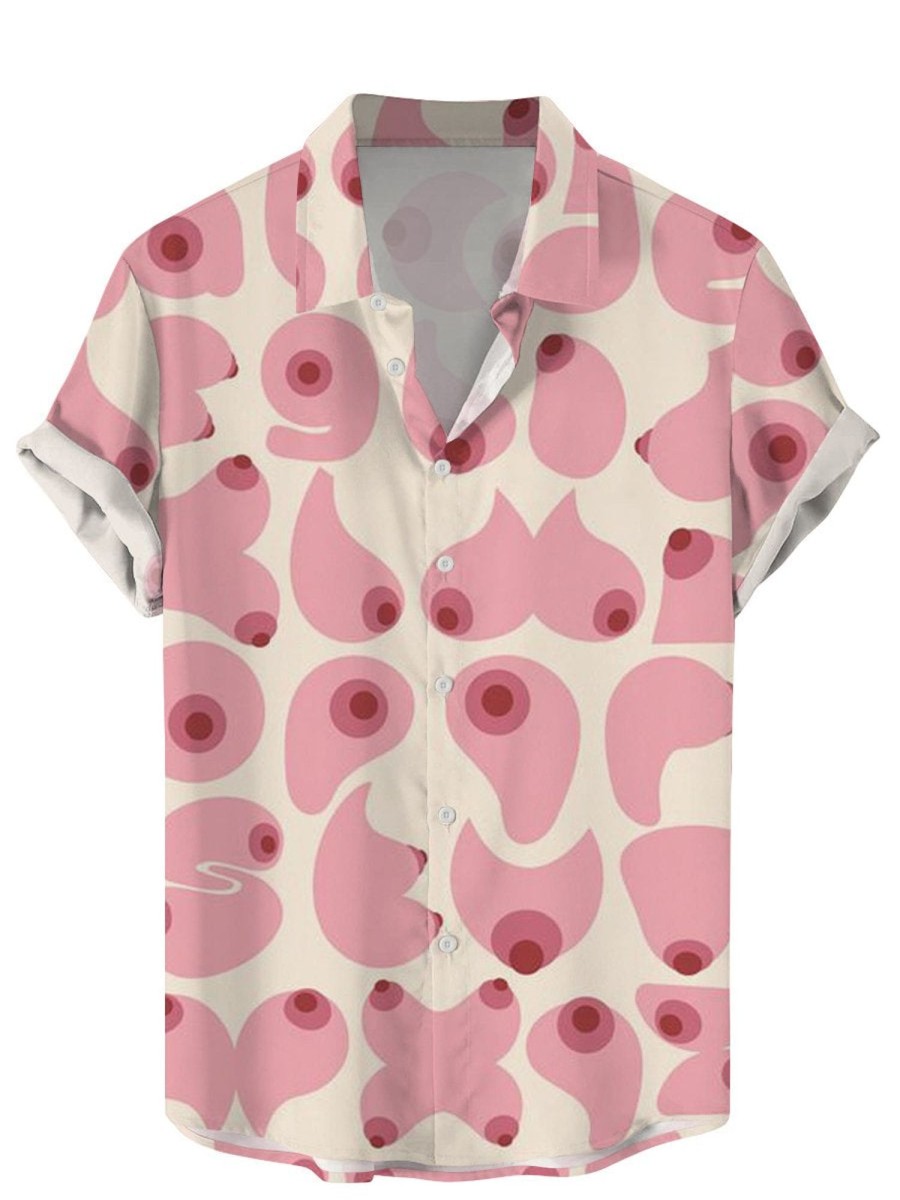 Men DJ Shirts | Boobs Print Casual Short-Sleeved Shirt Pink