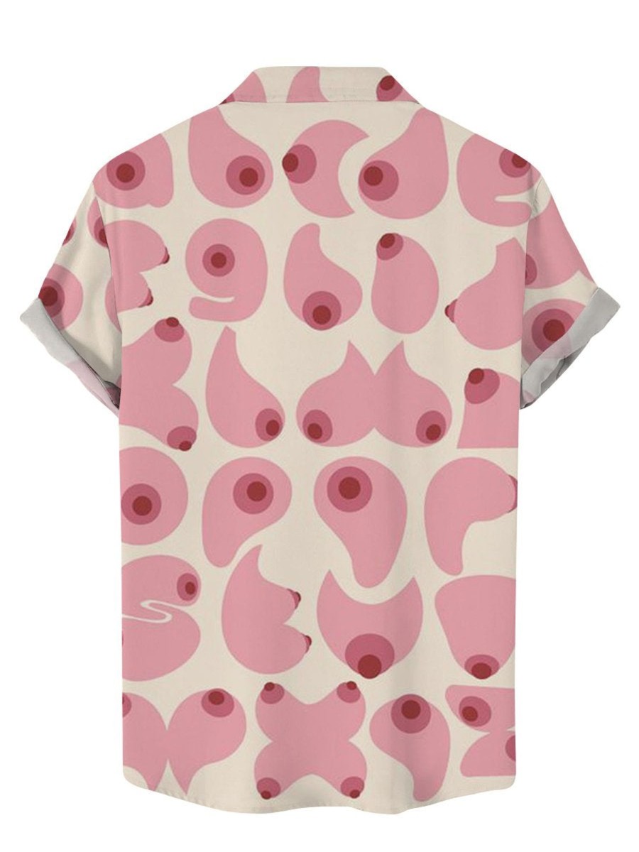 Men DJ Shirts | Boobs Print Casual Short-Sleeved Shirt Pink