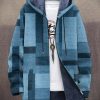 Men DJ Jacket | Vintage Colorblock Print Pocket Fleece Hooded Jacket Navy